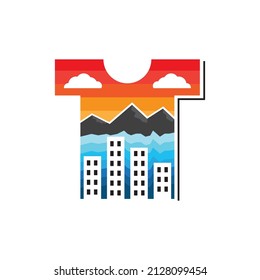 Landscape Tshirt Logo. This logo is a combination of landscape and t-shirt. Suitable for clothing, ink, fashion, etc.