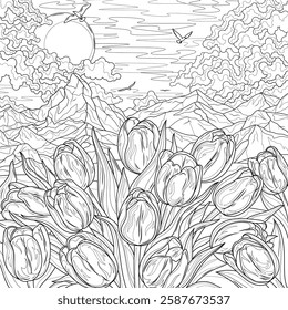 Landscape with tulips and mountains.Coloring book antistress for children and adults. Illustration isolated on white background. Hand draw