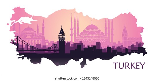 Landscape of the Turkish city of Istanbul. Abstract skyline with the main landmarks in the form of a map of Turkey