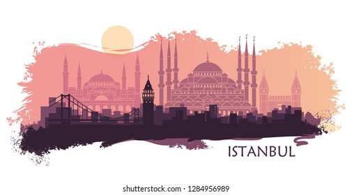 Landscape of the Turkish city of Istanbul. Abstract skyline with the main landmarks. Stylized landscape with spots and splashes of paint