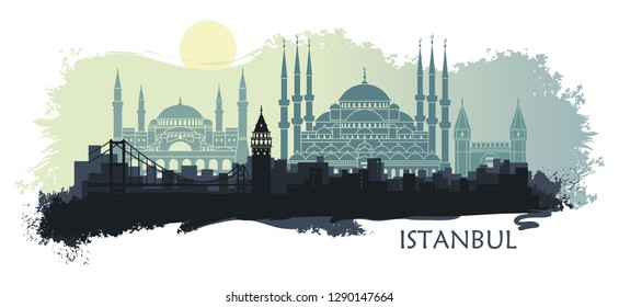 Landscape of the Turkish city of Istanbul. Abstract skyline with the main landmarks. Stylized landscape with spots and splashes of paint