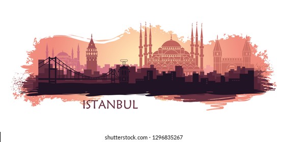 Landscape of the Turkish city of Istanbul. Abstract skyline with the main landmarks. Stylized landscape with spots and splashes of paint