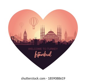 Landscape of the Turkish city of Istanbul. Abstract skyline with the main attractions in the form of a heart