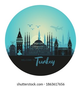 Landscape of the Turkish city of Istanbul. Abstract skyline with the main attractions in the form of a circle