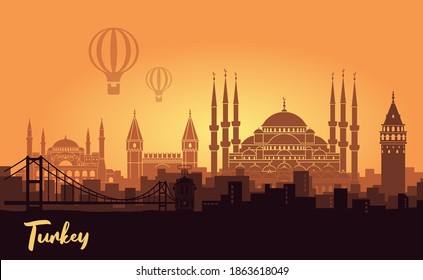 Landscape of the Turkish city of Istanbul. Abstract cityscape with the main attractions at sunset