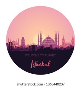 Landscape of the Turkish city of Istanbul. Abstract skyline with the main attractions in the form of a circle