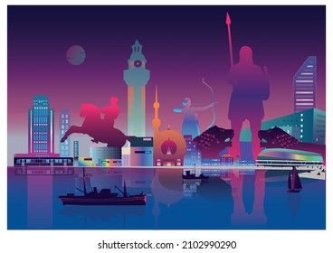 Landscape of the Turkish city of Samsun. Abstract silhouette of the main icon with signs. night city vector