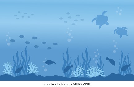 Landscape of turtle and fish on sea silhouettes