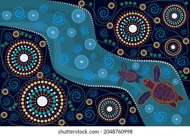 
Landscape with turtles in decorative ethnic style.Australia culture art  with river and tortoise.Aboriginal style of dot painting.For flyer,poster, banner, placard, brochure.Stock vector illustration