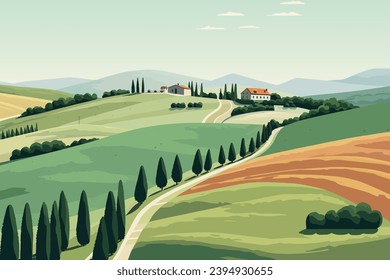 Paisaje en la ilustración toscana, paisajes italianos, paisaje rural panorámico, ilustración vectorial de tierras de cultivo	