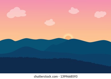 landscape twilight of mountain with pink sky and sun. Vector illustration.