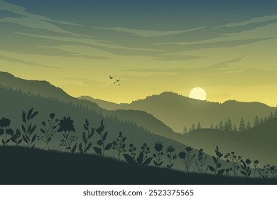 Landscape of twilight sunset over a mountain with birds flying above