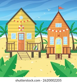 Landscape with two beach houses, ocean and palm trees. Beach holiday. Summer holidays.