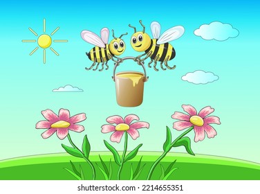 Landscape. Two bright yellow bees, a girl and a boy, with a bucket of honey, smile sweetly and fly against a background of blue sky and meadows with pink flowers. Insects. Vector illustration.