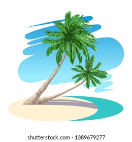 
Landscape with two coconut trees. Exotic paradise island in the ocean. Vector illustration. Color sketch.
