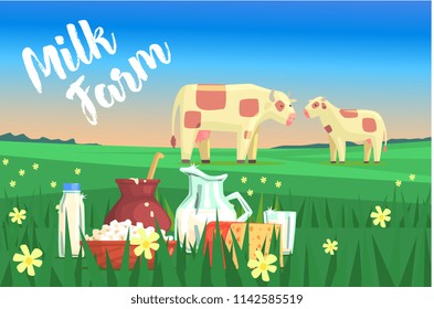 Landscape With Two Cows And Milk Products On The Foreground