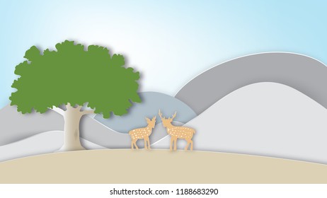 Landscape of two deers standing in the mountains with a big tree,paper art style.