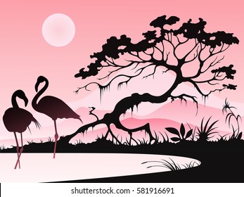Landscape with two flamingos and tree on a pink background.