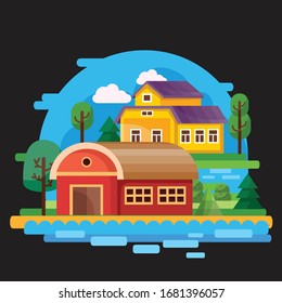 landscape of two houses red and yellow against the blue sky among trees and water, black background, for games, vector illustration,