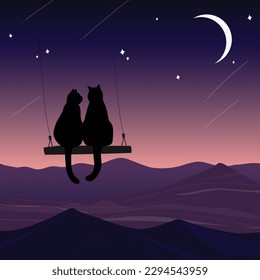 Landscape with two romantic cats sitting on a swing.Vector illustration.