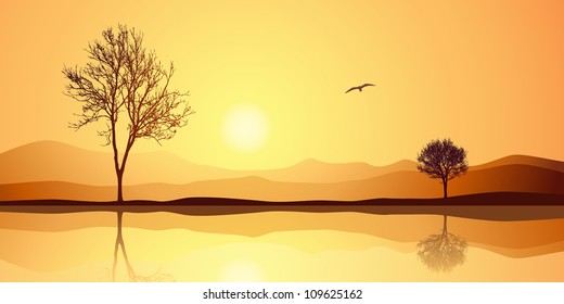 A Landscape with Two Trees and Reflection in Water
