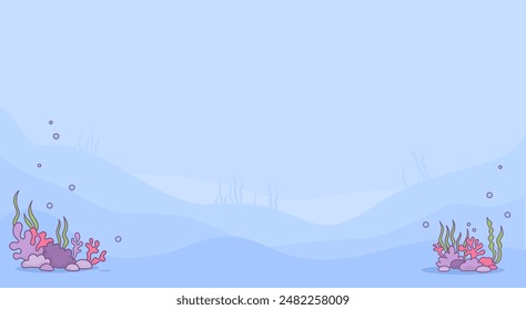Landscape underwater bottom with algae and corals on blue background. Horizontal poster with empty space for text. Vector illustration