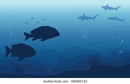 Landscape of underwater and fish silhouettes