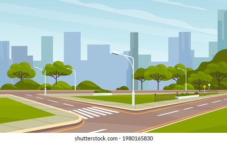 Paisaje del parque urbano. Moderno paisaje urbano del centro de la ciudad con cruces. Cruzar caminos en el fondo de edificios altos y rascacielos. Vías, paisaje urbano e ilustración de vectores naturales