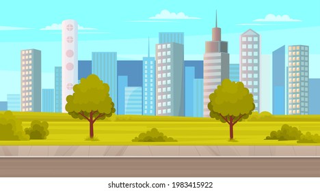Landscape of urban city park. Road against background of tall buildings and skyscraper. Roadway, cityscape and nature. Landscape with nature and modern buildings. Asphalt track with sidewalk in park