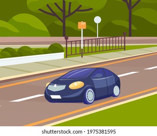 Landscape of urban city with passenger car. Cityscape of town with highway. Automobile on road against background of modern park. Roadway, cityscape and nature. Car drives along roads of city