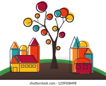 landscape urban village with tree. For background and greeting card