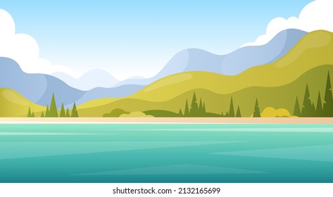 Landscape vacation banner. Vector illustration of rural spring summer travel landscape with river, forest, hills, mountains and beautiful sky. Cartoon flat style. Panoramic nature reserve. Sunny day