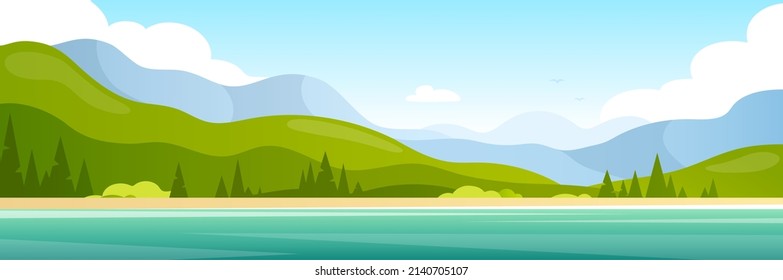 Landscape vacation panorama banner. Vector horizon illustration of rural spring summer travel landscape with river, forest, hills, mountains, road. Cartoon flat style. Nature reserve. Sunny day