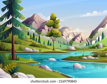 Landscape of valley with blue calm river and rocky mountains view background illustration