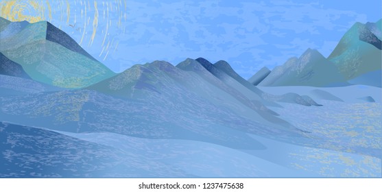 Landscape. Valley with mountains and hills in blue tones. Vector.