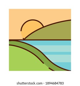 caricatura sobre la naturaleza del cielo del río del valle del paisaje, ilustración vectorial línea rellena de colores planos