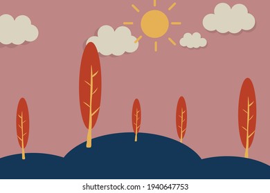 Landscape valley trees clouds sun vector illustration.