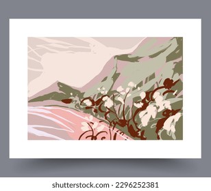 Landscape valley wild nature wall art print. Printable minimal abstract valley poster. Wall artwork for interior design. Contemporary decorative background with nature.