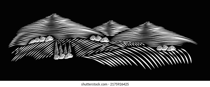 Landscape, valley, wine vector chalk engraving line illustration isolated on black background. Concept for logo, print, cards