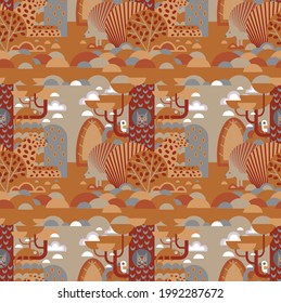Landscape and various animals and birds such as cheetah, porcupine, owl, puffin, chameleon. Pattern