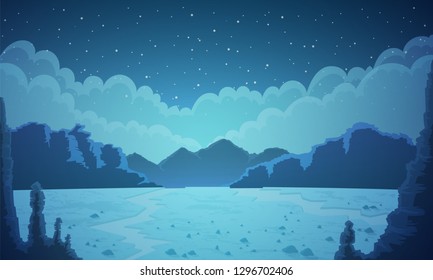 Landscape of vast desertic plain at night. Dark blue sky with stars and clouds. Blue Mountains on the horizon. Vector illustration