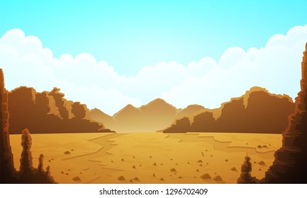 Landscape of vast desertic plain of rocks and sand. Blue sky with clouds and mountains at horizon. Vector illustration.