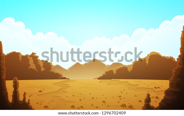 広大な砂漠の岩と砂の平原の風景 青い空と雲と山が地平線にある ベクターイラスト のベクター画像素材 ロイヤリティフリー
