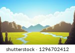 Landscape of vast plain of green grass. Blue sky with clouds, rivers and mountains at horizon. Vector illustration.