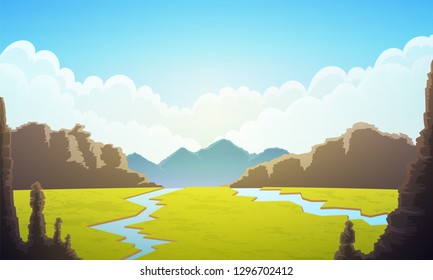 Landscape of vast plain of green grass. Blue sky with clouds, rivers and mountains at horizon. Vector illustration.