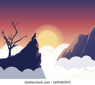 Landscape vector art. wolf Howling art. Halloween   landscape sunset art. mountain view point art