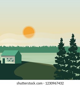 Landscape vector background. Beautiful geometric illustration. Realistic vector illustration view of nature landscape with forest, mountains,river, lake, pines, grass, house, sunrise, sunset.