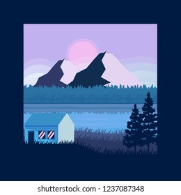 Landscape vector background. Beautiful geometric illustration. Realistic vector illustration view of nature landscape with forest, mountains,river, lake, pines, grass, house, sunrise, sunset.