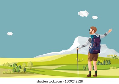 landscape vector background with explorer character