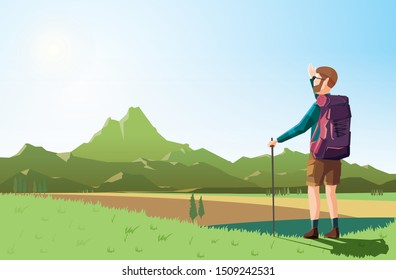 landscape vector background with explorer character